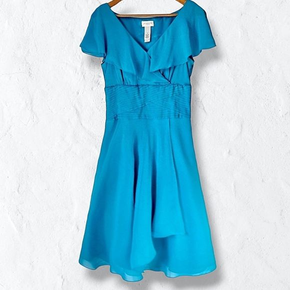 Liz Claiborne Teal Ruffled Midi Bridesmaid Wedding Prom Cocktail Dress Sz 10 - Picture 1 of 10